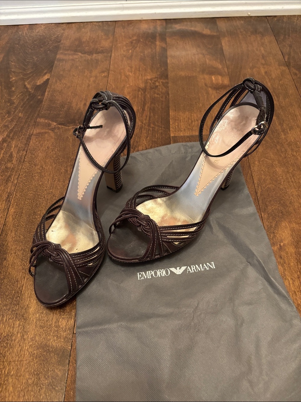 Emporio Armani Dark Brown Strappy Knot Ankle-Heel Sandals